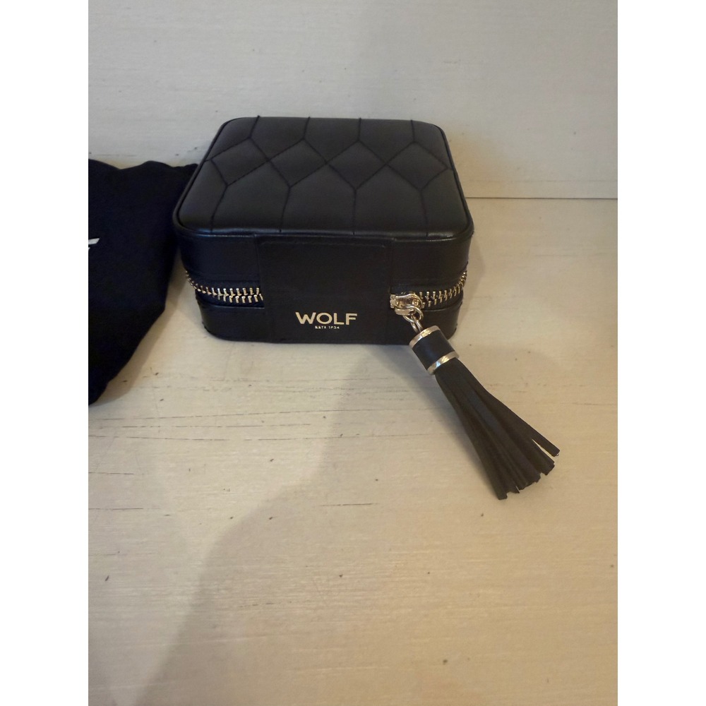 WOLF Caroline Small Jewelry Case Black Quilted Leather Travel Zip Box 329702